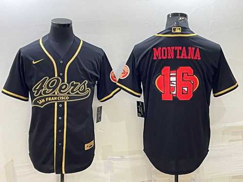 Men%27s San Francisco 49ers #16 Joe Montana Black Gold Team Big Logo With Patch Cool Base Stitched Baseball Jersey